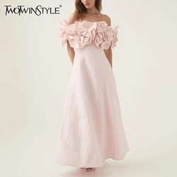 TWOTWINSTYLE Solid Fashion Midi Dresses for Women Slash Neck Sleeveless Patchwork 3D Flower Tunic Dress Female Autumn Clothing