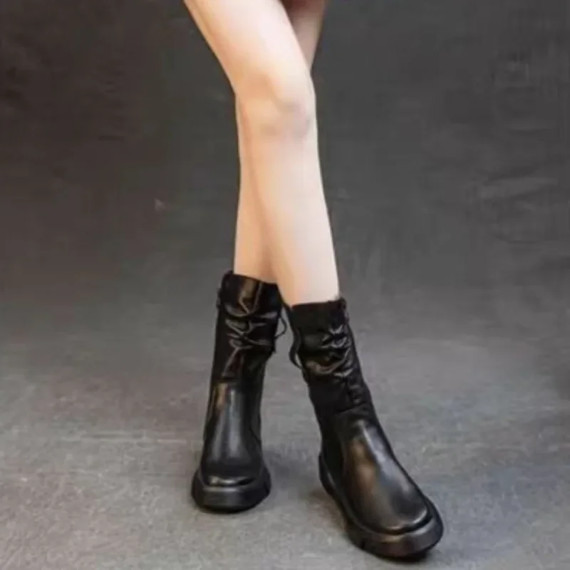 Platform Ladies Mid Calf Shoes Leather Brown Women's Half High Boots 2024 New on Offer Winter Novelty Large Size Warm Waterproof image 5