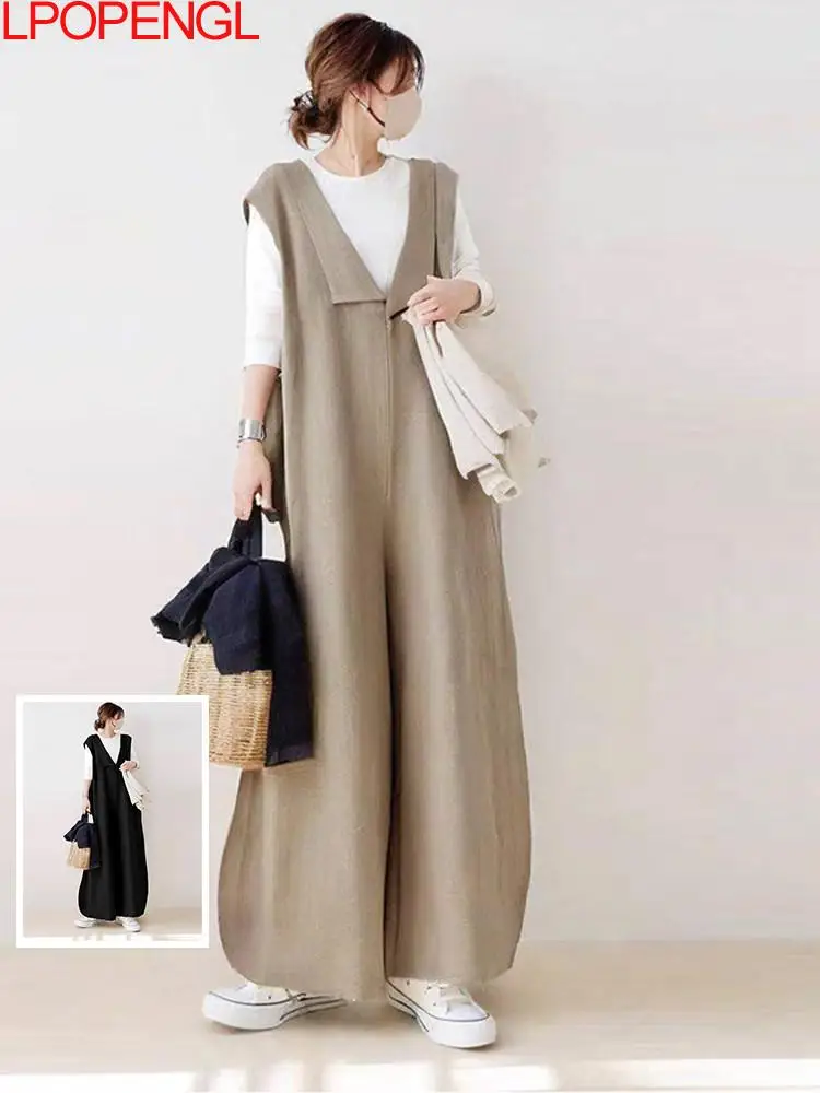 

2026 Solid Color Fashion Loose Casual Cotton And Linen Jumpsuit Oversized Women's Lapel Sleeveless Vintage Wide Leg Casual Pants