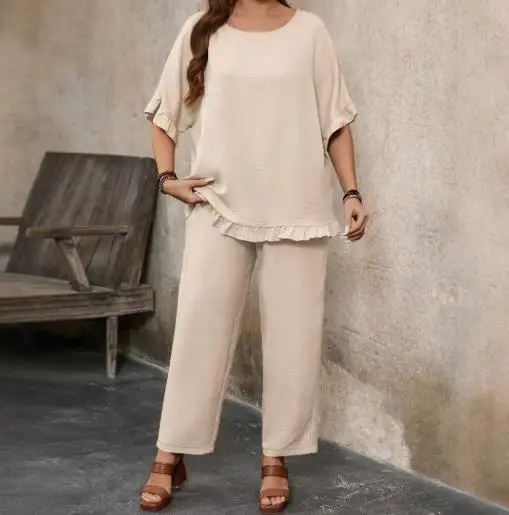 

Новая мода 2025 года, большой летний женский однотонный повседневный комплект брюк