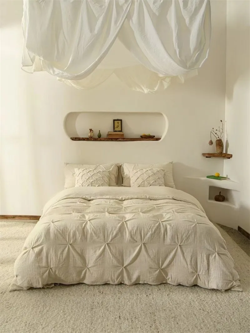 Beige Nature fabric Pleated Duvet Cover Queen Double Linen 70%Cotton 30% Ultra Soft Lightweight Beding Flat sheet Pillowcases