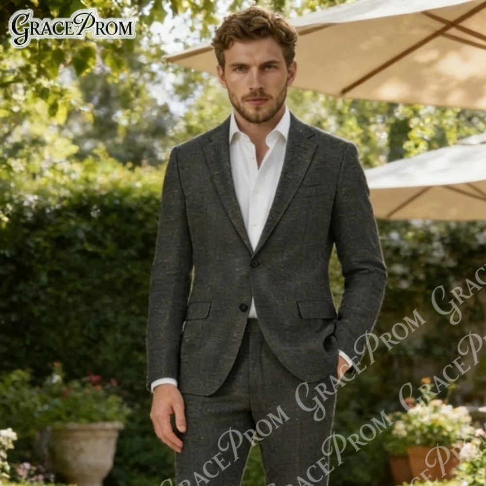 

Elegant Dark Grey Linen Men 2PCS Suits Notch Lapel Slim Fit Blazer Pants Wedding Groom Attire Business Occasions Costume Homme