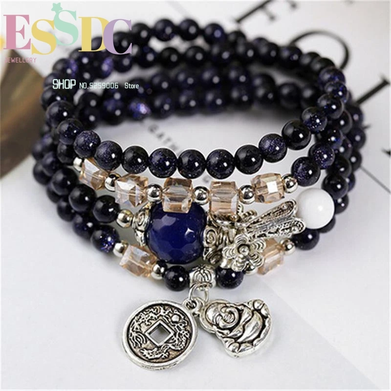 Natural Blue Sand Stone Beads with Copper Buddha & Coin Pendant Flower Spacer Multi Circle Bracelet Fashion Women's Accessories