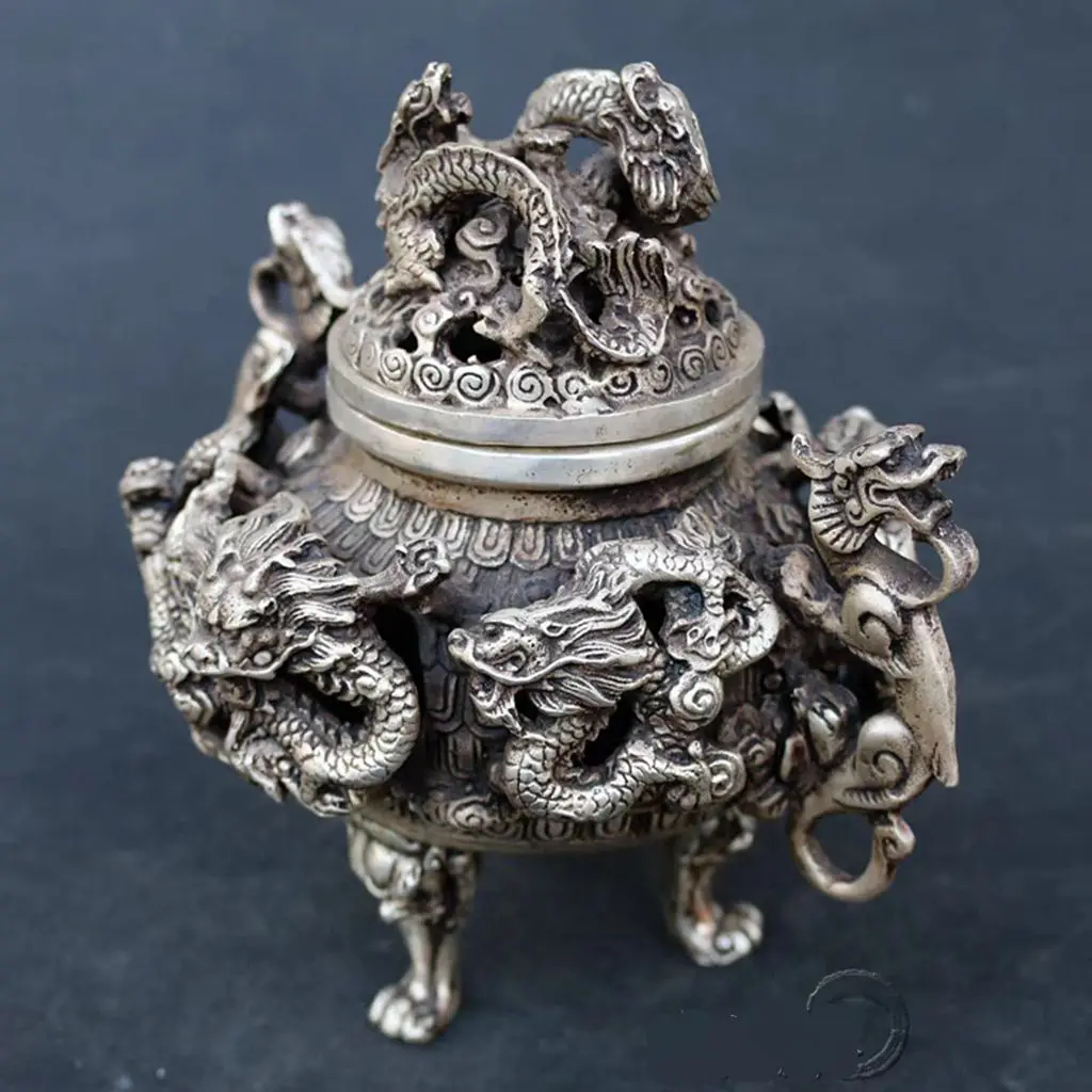 Vintage Tibetan Silver 9 Dragon Incense Burner Signed Bottom Lucky Geomantic Omen Ornaments