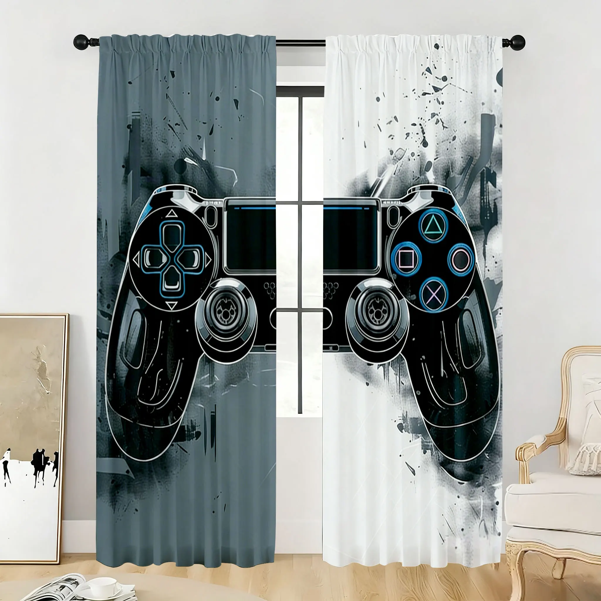 2PC Graffiti Gaming Controller Curtains - Black & White Abstract Print Window Drapes for Boys Bedroom Game Room Decor