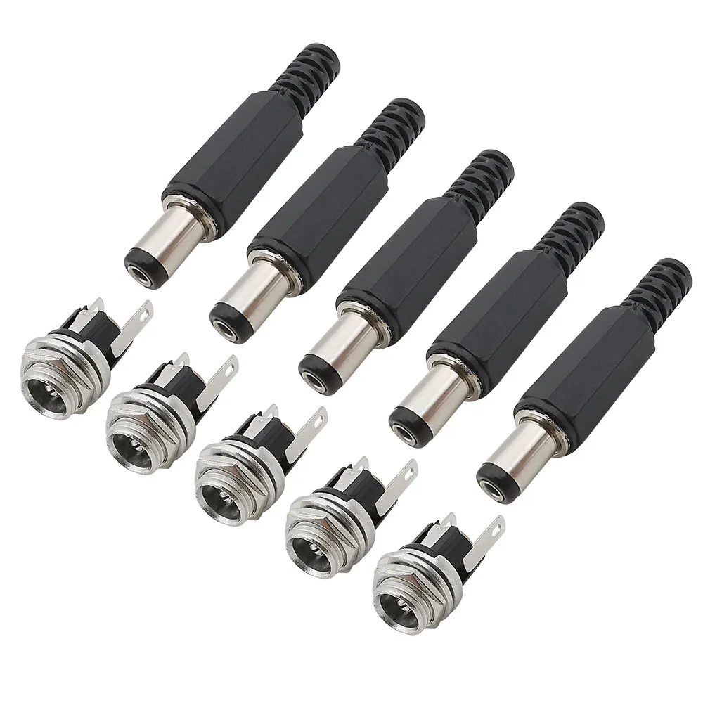 DC Power Male Female Plug Soldering Connector 5.5mm x 2.1mm DC Socket Jack Nut Panel Mount Adapter DC Connectors 5.5x2.1mm