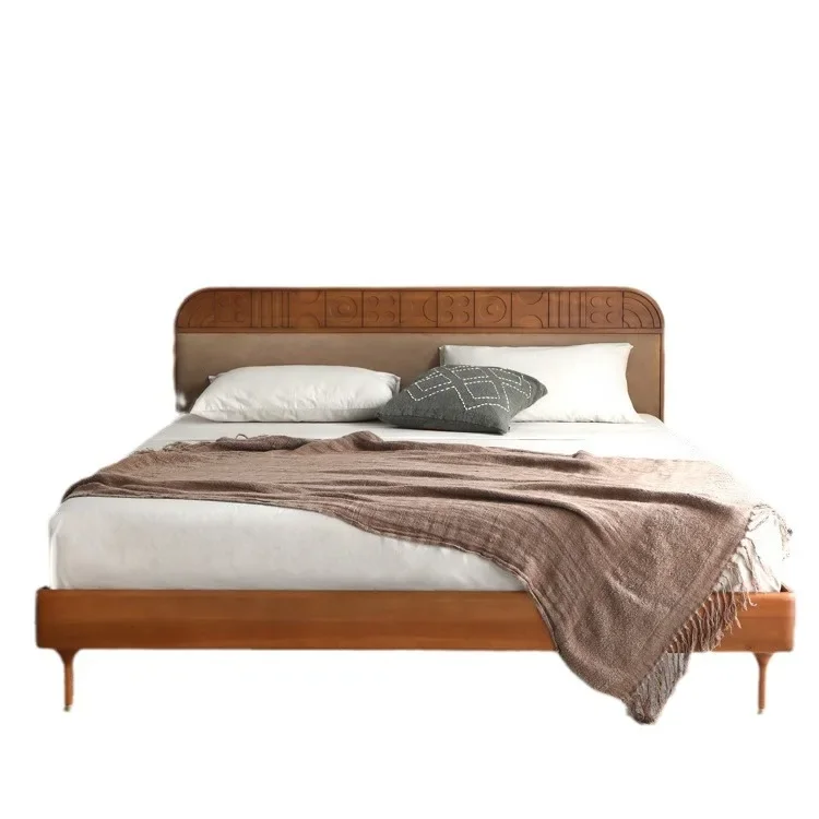 Retro medieval style, double bed engraving, technical cloth caramel color, double bed master bedroom wedding bed