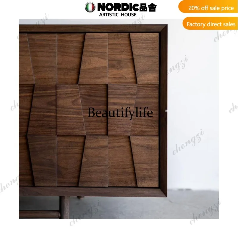 P37 Vintage style designer solid wood sideboard, living room walnut-colored storage cabinet, entryway cabinet