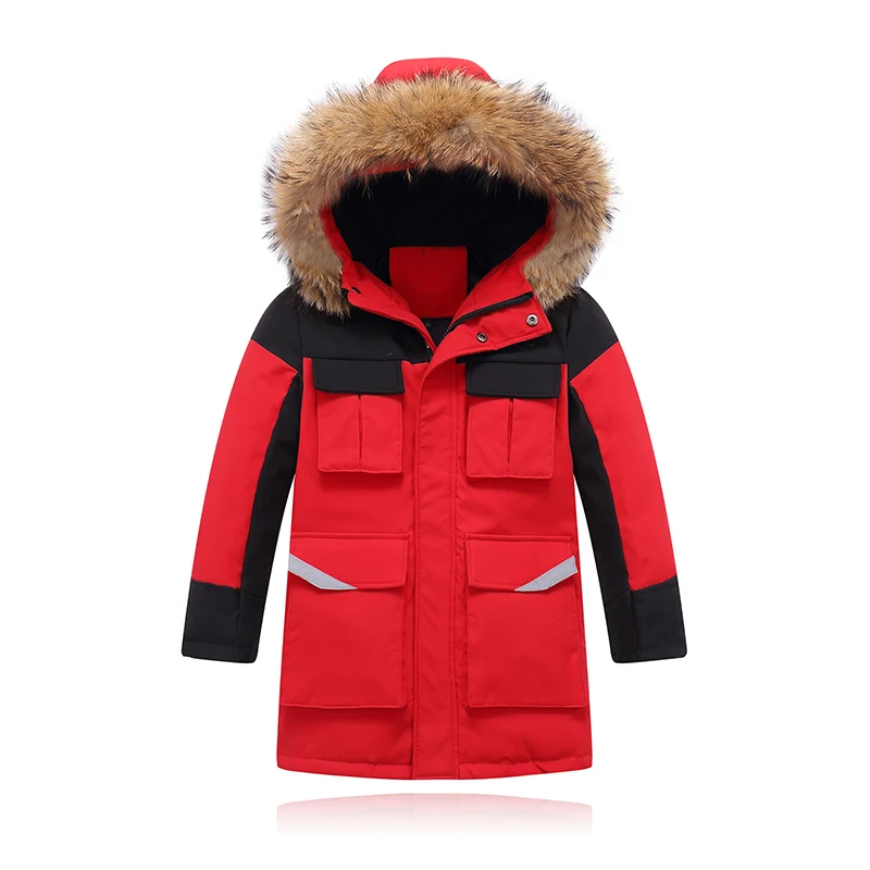 

Boys Medium Length Down Jacket Thickened Blue Yellow Green Red Coat Big Childrens Kids Fur Collar Hooded Jacket Clothes Winter