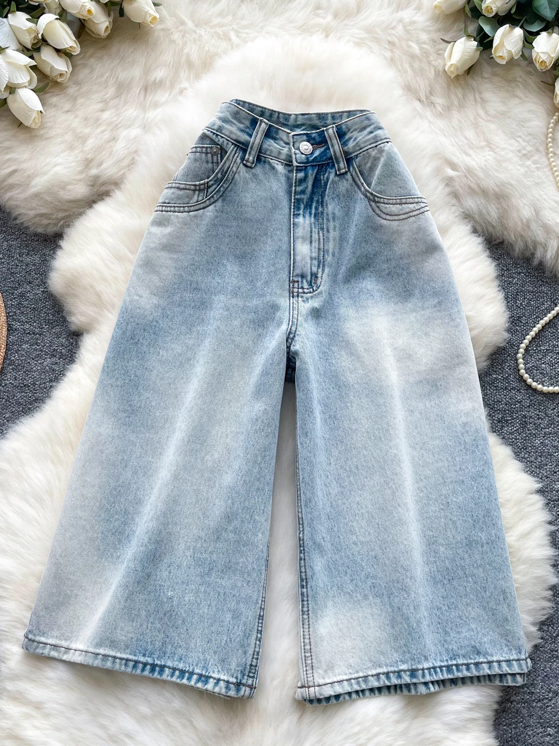 Retro American Washed Wide Leg Workwear Denim Shorts Women's High Waist Straight Cut Seven-Foot Pants Trendy Autumn Clothes