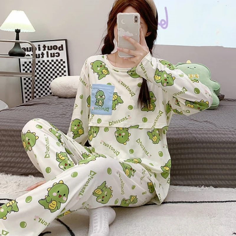 Maternity Homewear Women Clothing Lovely Cartoon Long Sleeve Breastfeeding Mouth Top+Adjustable Pant Women Nursing Pajama 2PCS