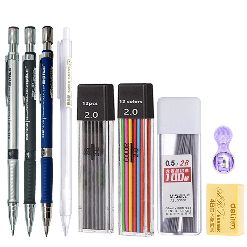 Set Pensil Mekanik 2.0 Mm dengan 2B Hitam/Warna Isi Ulang Timah untuk Menulis Sketsa Seni Menggambar Lukisan Pensil Otomatis Sekolah