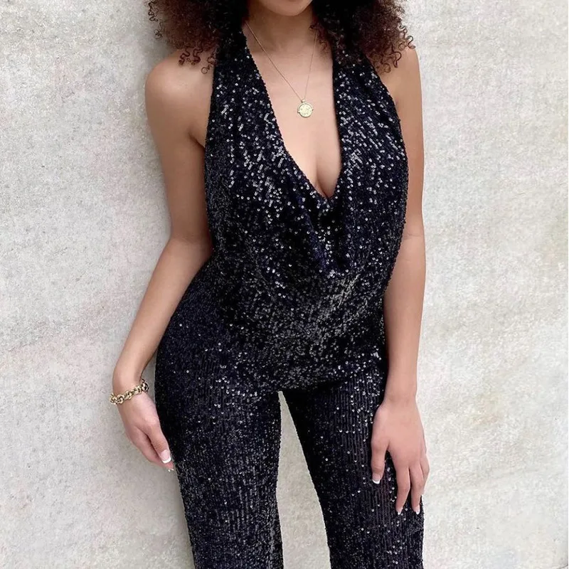 DSMTRC 2025 Sexy Bodycon Summer Backless Jumpsuit Women Overalls Silver Sequins Sleeveless Halter Playsuits Female Long Pants