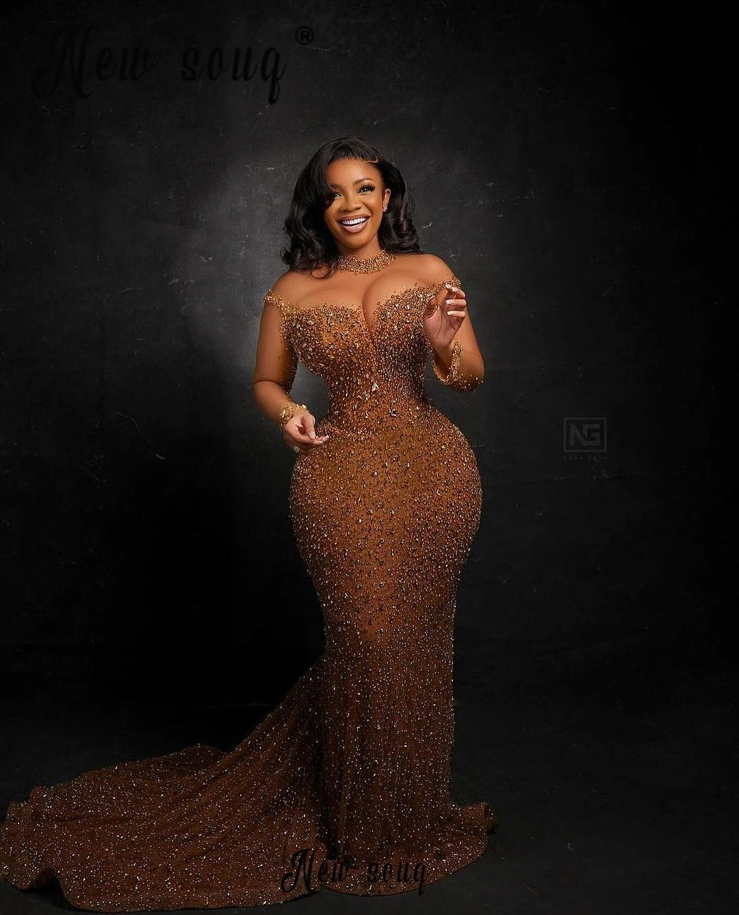 

Rich Brown Mermaid Long Evening Dress Luxury Women 2024 Wedding Party Gowns Long Sleeve Illusion Neck Beaded Formal Prom Gowns