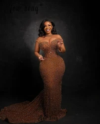 Rich Brown Mermaid Long Evening Dress Luxury Women 2024 Wedding Party Gowns Long Sleeve Illusion Neck Beaded Formal  Prom Gowns