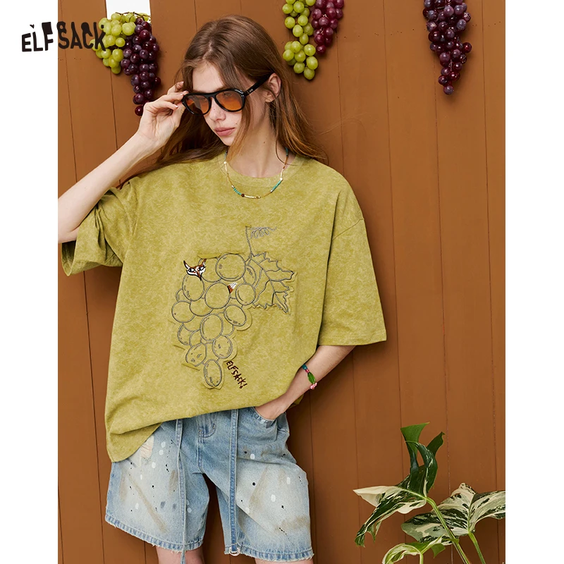 ELFSACK Vintage Washed Grape Print T-Shirt Women Summer Loose Mid-Length Casual Top Design Graphic Tee