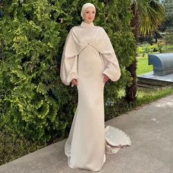 Simple Muslim Evening Dress High Neck Long Sleeve Women Customized Mermaid Floor Length with Pleat Sweep Train Party Gowns