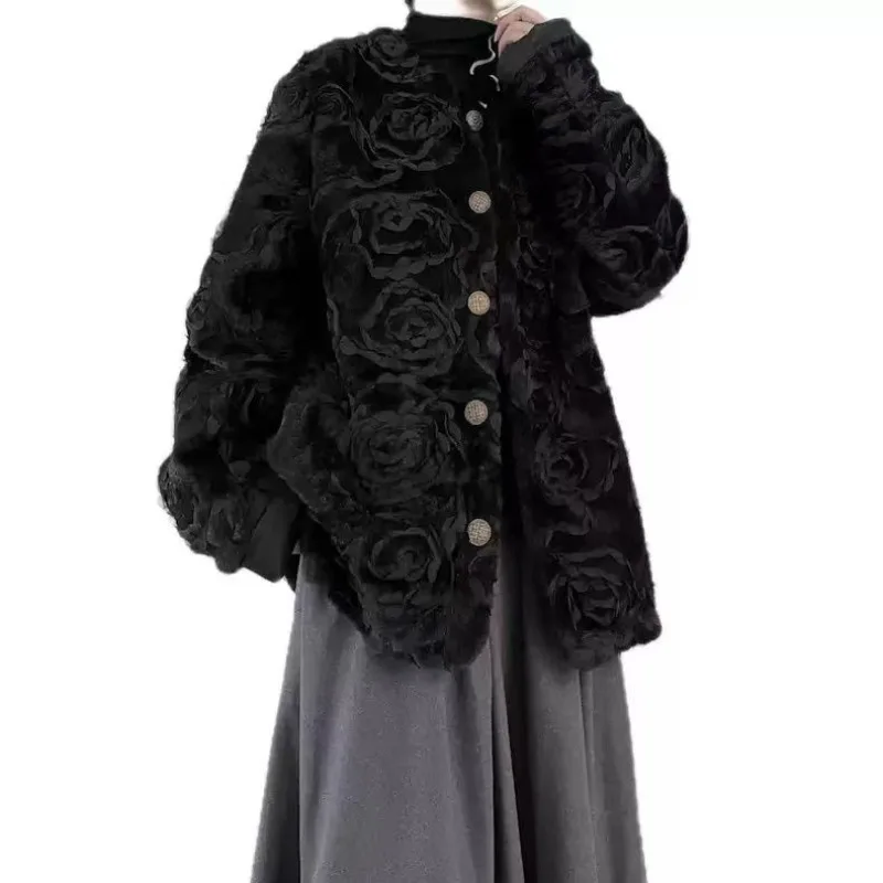 

Dark Niche Relief Rose Plush Single-breasted Jacket Small Fragrant Wind Crew Neck Top Autumn and Winter