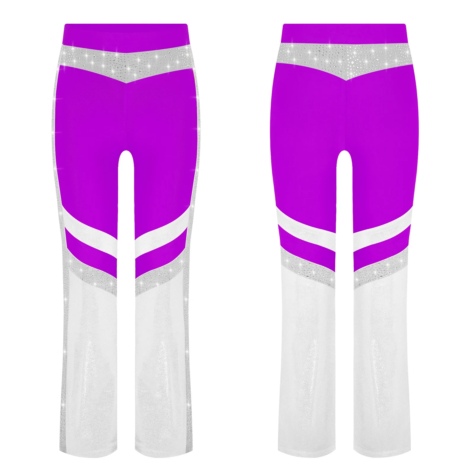 Ginnastica per ragazze Acrobazie Costume da ballo Jazz Danza moderna Pantaloni svasati Cintura elastica Pantaloni a zampa d'elefante color block