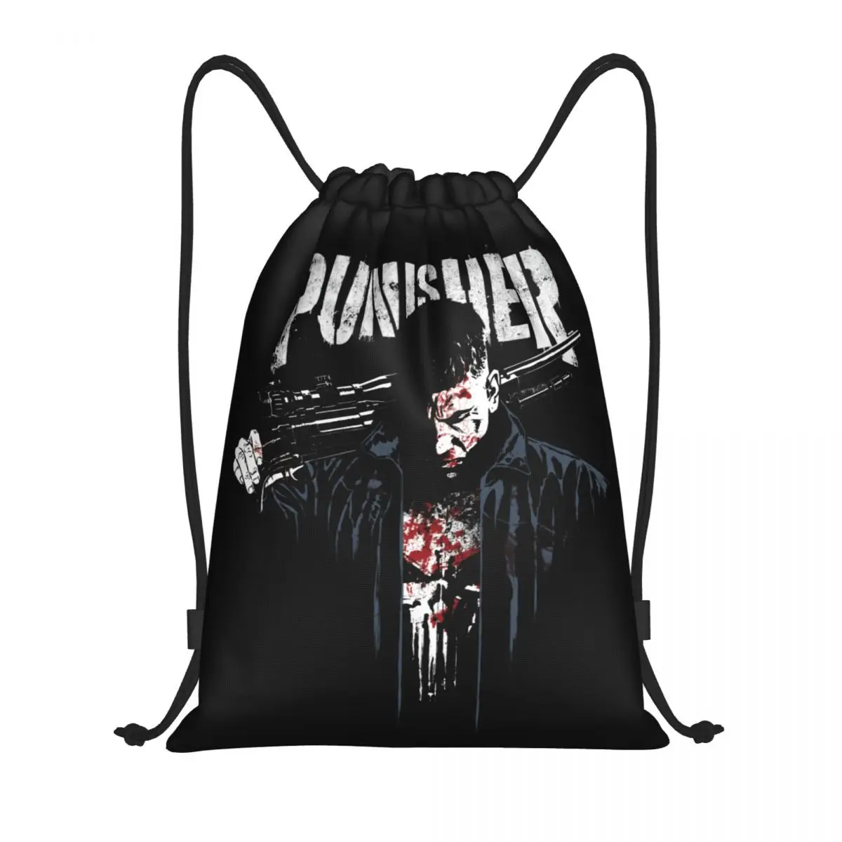 

The Punisher Drawstring Backpack Sports Gym Sackpack Water Resistant Supper Hero Memento Mori Skull String Bags for Running