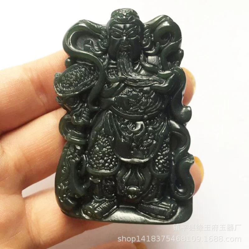 Hotan Green Double-Sided Hollowed-Out Guan Gong Jade Pendant Men's Necklace
