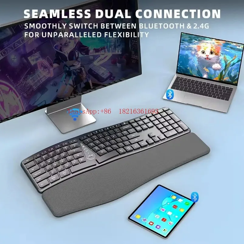 Wireless Bluetooth Ergonomic Keyboard Silent Rechargeable Business Office Computer Keyboard Suitable for Laptop Desktop