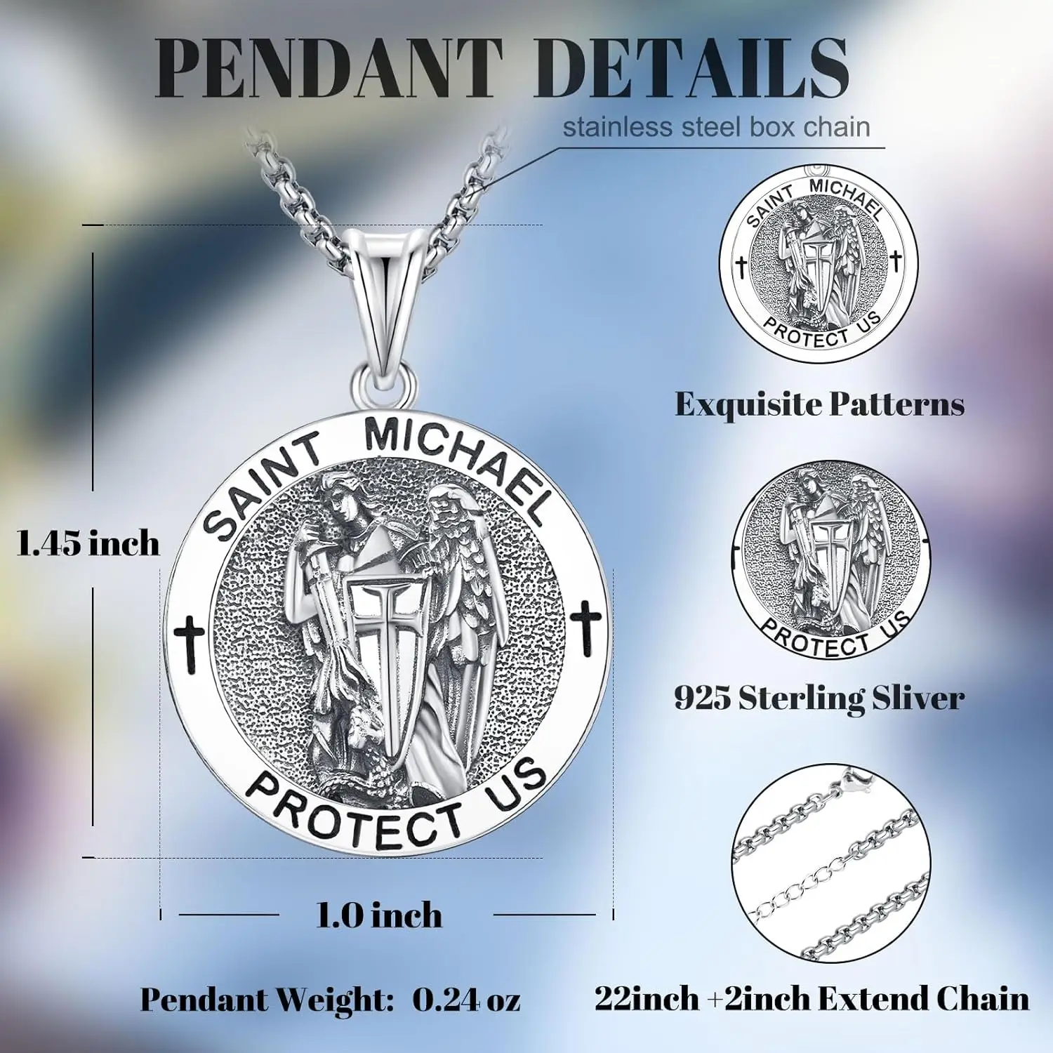 Saint Michael Necklace 925 Sterling Silver Saint Michael Medal Pendant Necklace Protection Amulet Jewelry Gifts for Men Women