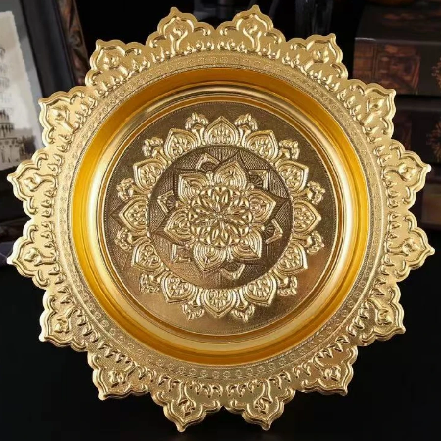 Buddhist-Style Fruit Tray,Alloy Auspicious Engraving Flower Shape Texture Home Cheese Food Plate,Altars Disc Table Decoration