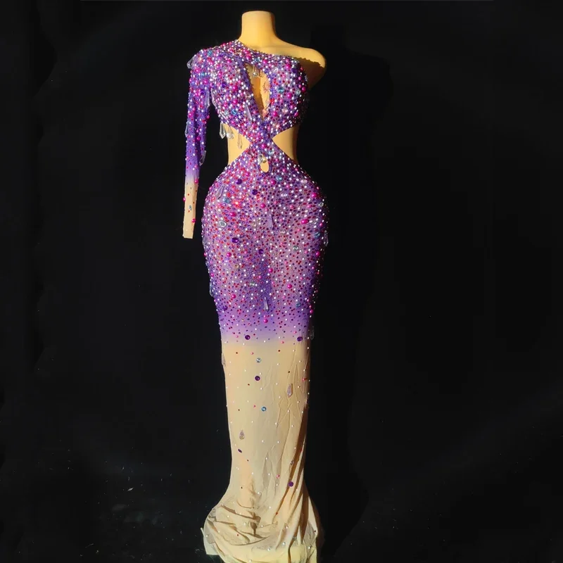 Bunte Strass Kreuz Cut Out Kleid Sexy Stretch Perlen Abendkleid Frauen Geburtstag Party Sänger Kostüme Outfit XS6143