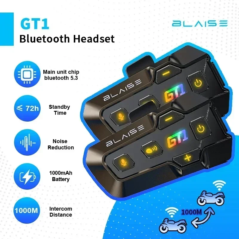 

BLAISE GT1 Motorcycle Bluetooth Intercom Music Sharing 1000m 2 Riders Group Helmet Communication Speaker Headset Interphone