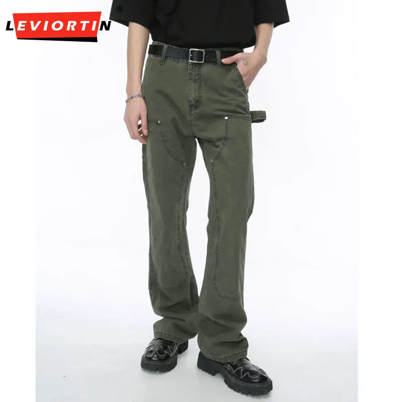 LEVIORTIN Patchwor Men's Jeans Chic Rivet Pocket Solid Male Color Denim Cargo Pants Retro Straight Trousers Spring New Fashion