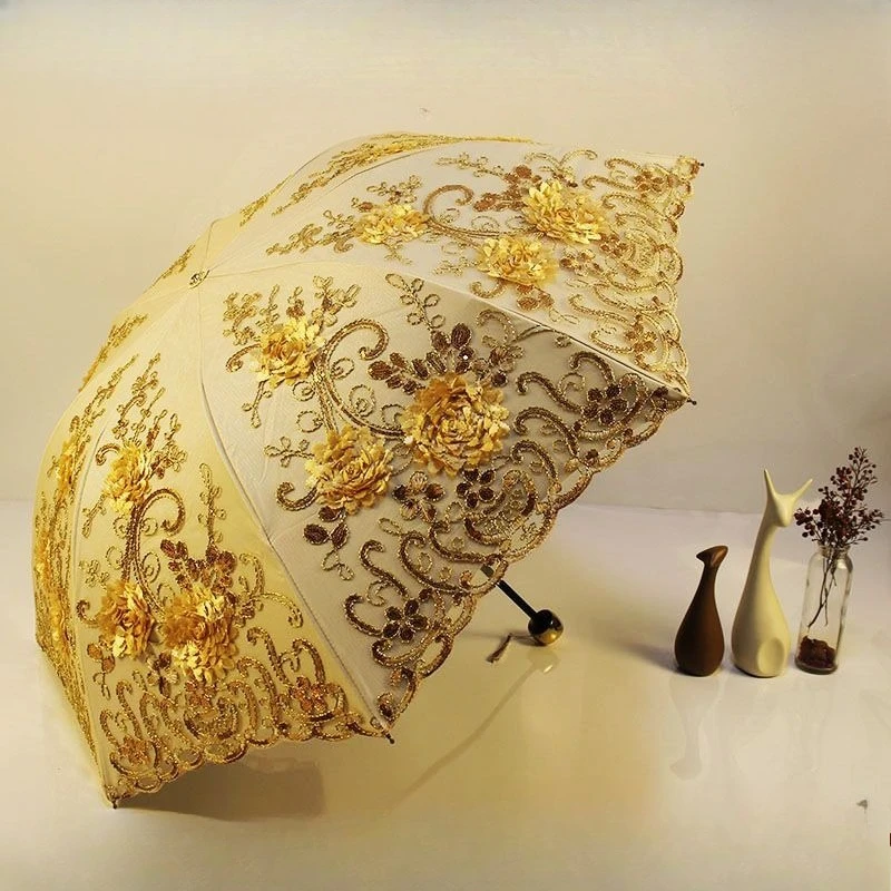 Double Layer Lace Embroidery Parasol for Women, UV Protection Heat Insulation Windproof Fashion Sun Umbrella