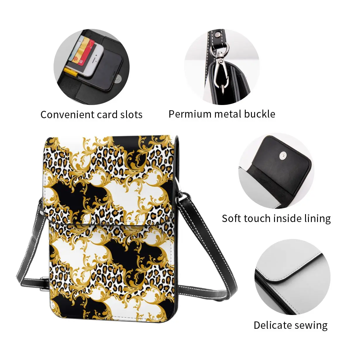 Pele De Leopardo De Luxo Com Couro Barroco Bolsa De Telefone Celular Merch Moda Menina Mini Ombro Saco Titular Do Cartão Leve