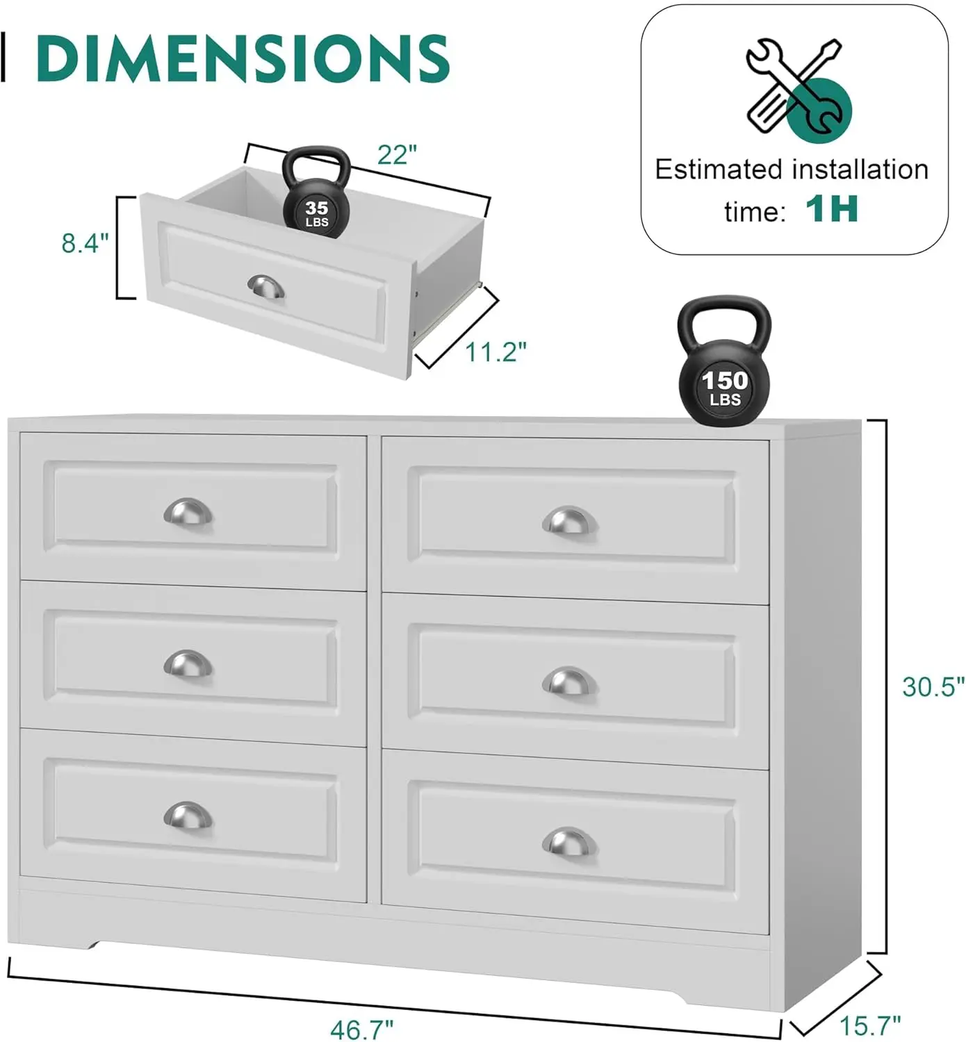 Dresser, Chest of Drawers Organizer Storage with Wide Drawers, Large Storage Cabinet,Modern Dresser for Bedroom, Living Room, Po