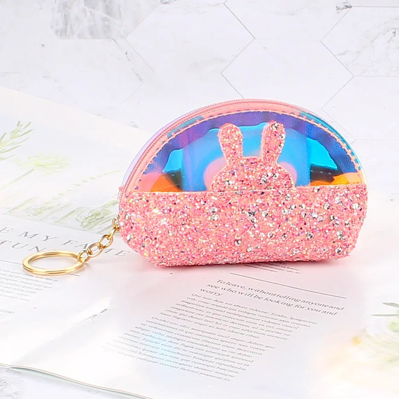 Small Glitter Wallet for Women Girls Mini Coin Purse Keychain Pouches with Key Ring