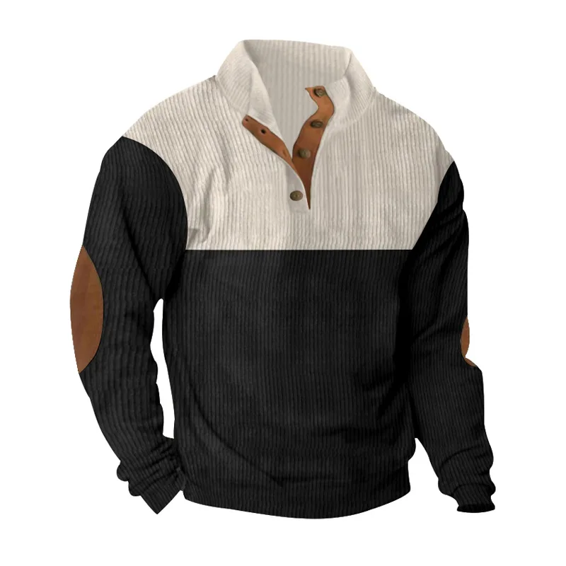 Frühling und Herbst Europäisches Herren-Outdoor-Casual-Sport-Sweatshirt mit Knopfleiste und Stehkragen aus lockerem Cord mit Farbblockmuster – Detail 14
