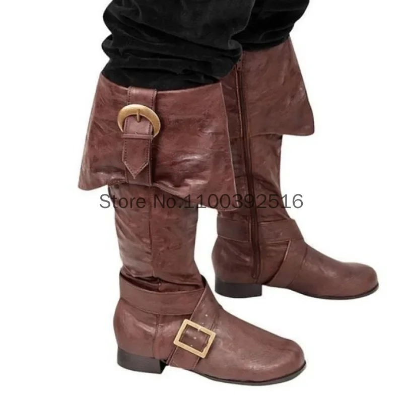 Round Toed Knight Boots with Low Heel Belt Buckle Flipped Side Zipper Thick Bottom Solid Color High Barrel Motorcycle Boots