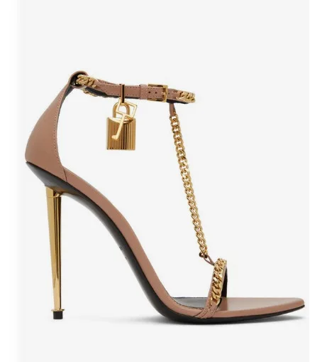 

Sexy Gold Padlock Metallic High Heel Chain Sandals Leather Dress Luxury Pointed Toe Sandals Women Design Shoes Fashion 2024