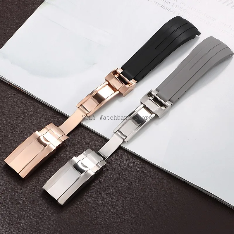 20mm Curved Rubber Watchband Men Women Silicone Watch Straps Waterproof Wristband for Rolex Water Ghost Folding Buckle Bracelets