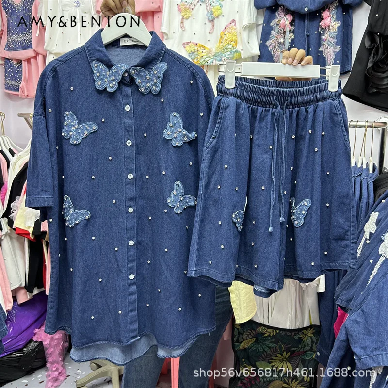 

Джинсовая рубашка-бабочка в европейском стиле для тяжелой промышленности, топ и шорты с широкими штанинами, комплекты из двух предметов, женский костюм с крутым дизайном