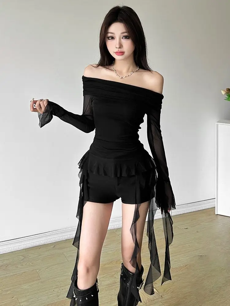 T-shirt en gaze pour femmes, Sexy, col Slash, épaules dénudées, esthétique, à volants irréguliers, Slim Fit, Grunge, Harajuku, Vintage, fée, Y2k