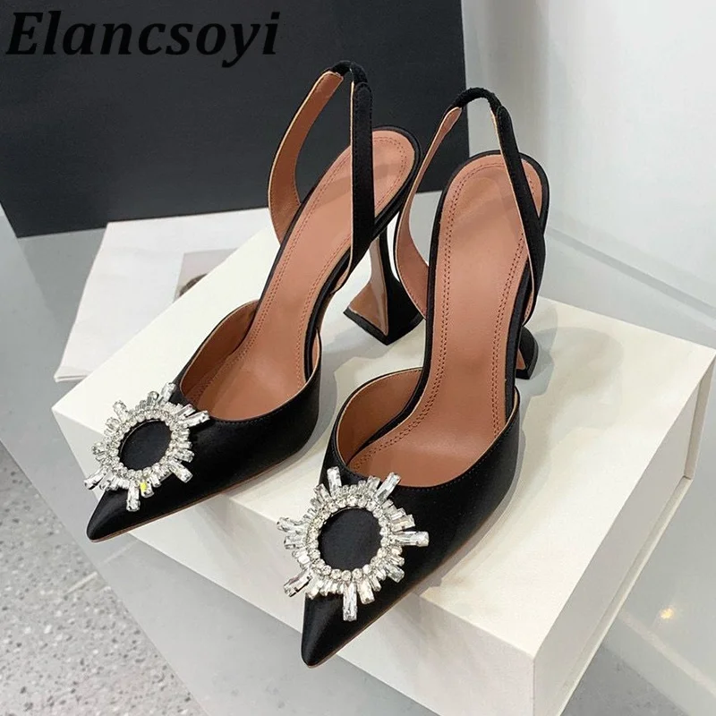 New Sandas Summer Pointed Toe Satin Sunflower Crystal Decor Back Strap High Heels Sandalias Sexy Wedding Bride Shoes Pumps