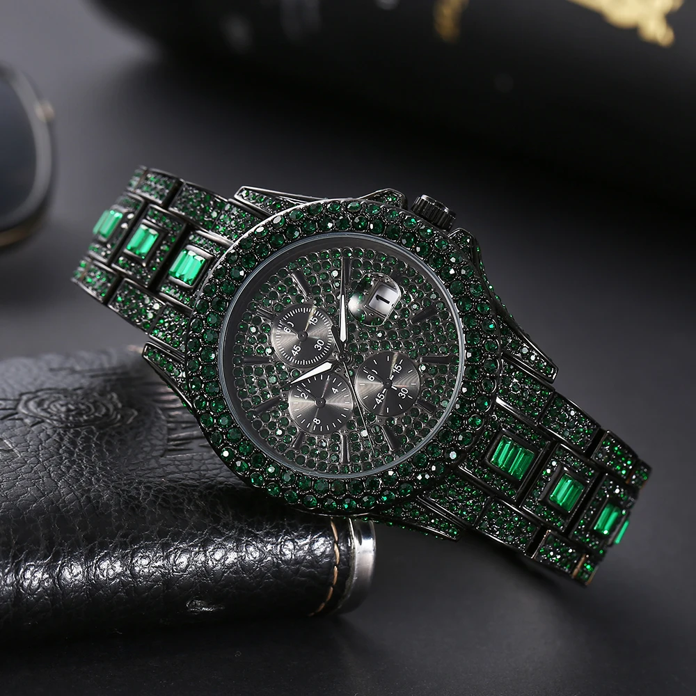 New Green Diamond Watch For Men Luxury Hip Hop Diamond Watches Unique Bling Ice Out Luminous Waterproof Clock relogios masculino