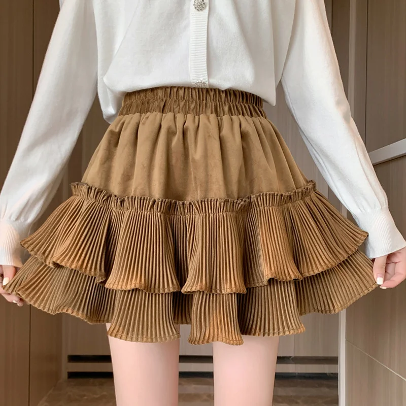 

Fashionable Tiered Velvet Skirt for Women Korean Style A-Line Mini Skirts Female Sweet Autumn Winter Short Tutu Skirts Lady