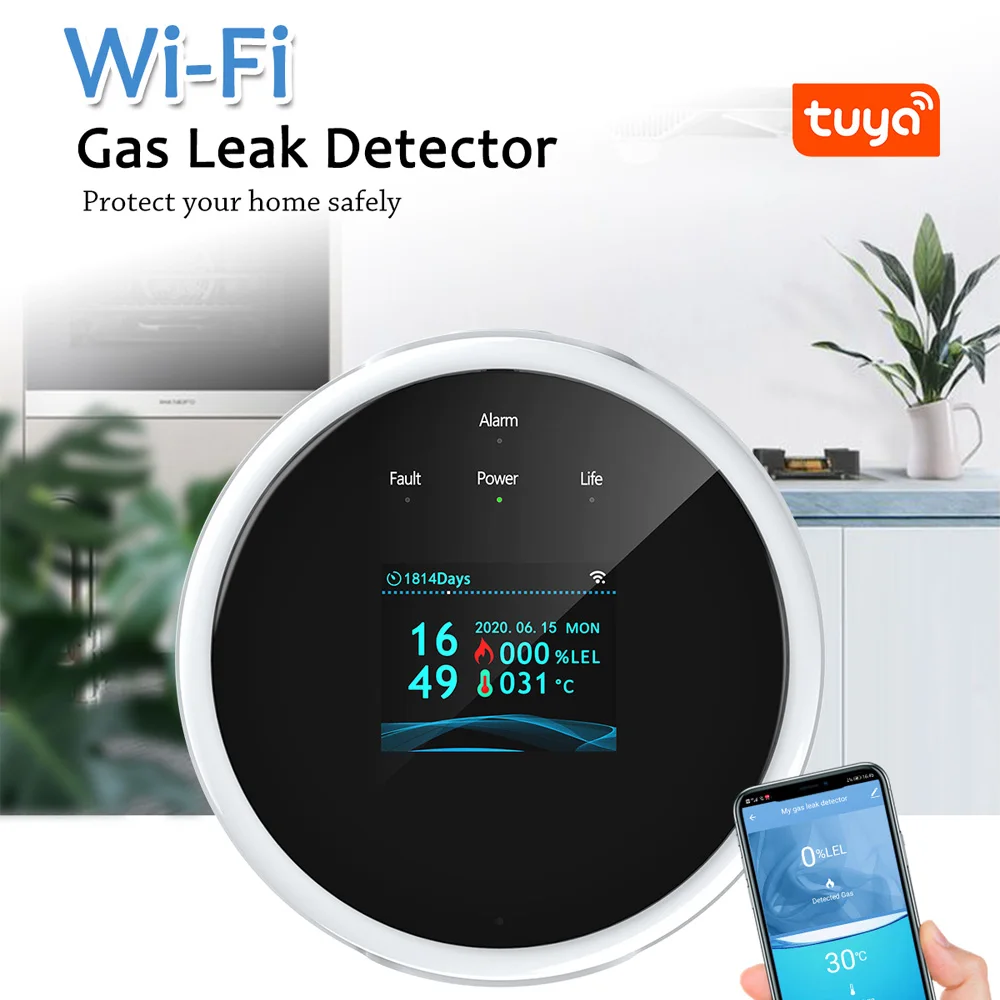 Gas Leak Detector WiFi Home Gas Alarm USB Powered Temperature Alarm Clock Display for Home Kitchen Camper Trailer RV Voice