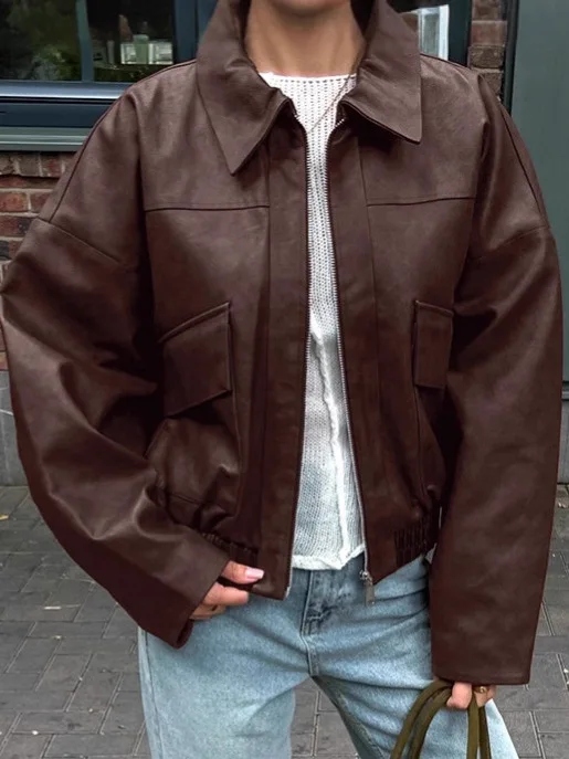 جاكيت جلد بني عتيق للنساء، ملابس خارجية عادية للتنقل اليومي، معطف قصير دافئ من مادة البولي يوريثين، أكمام طويلة، إغلاق بسحاب،...