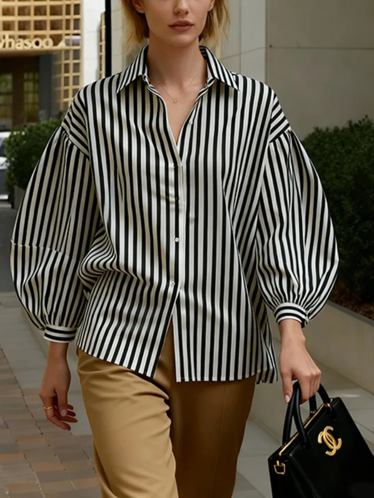 Bonboho T-shirt minimaliste rétro noir blanc pour femme, col à revers large rayé, manches bouffantes, surdimensionné, chemises quotidiennes de bureau