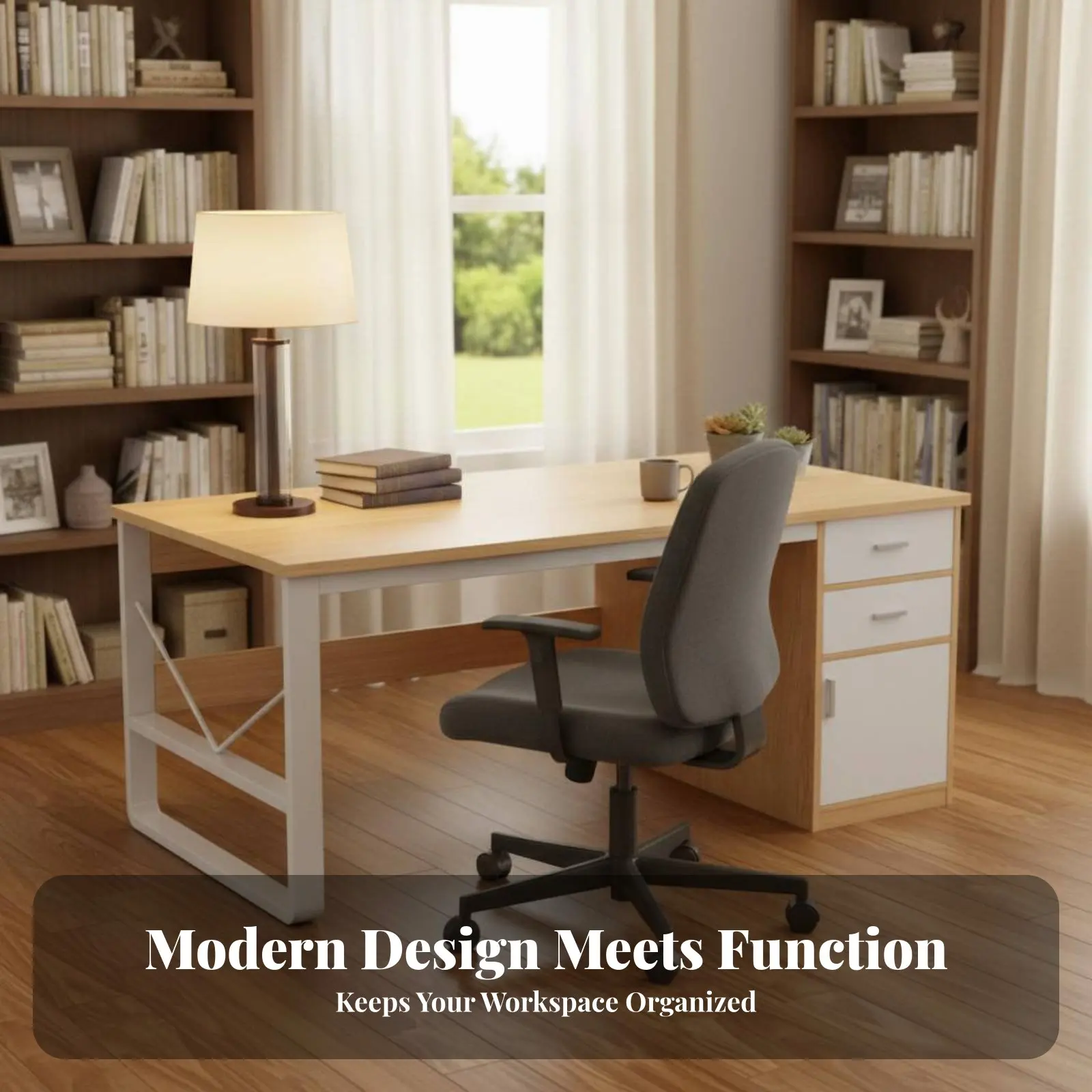Writing Table with Side Cabinet Modern Design Computer Desk Wide Desktop Stable Construction for Bedroom, Gaming Setup