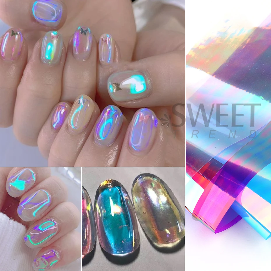 Filme holográfico aurora, 8 peças, folhas de vidro para unhas, cubo de gelo brilhante, papel de transferência, sliders de celofane, cobertura completa, decoração de manicure