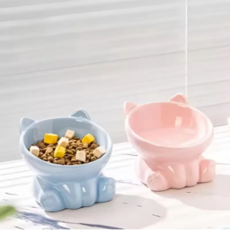 

Ceramic High-Foot Slanted Mouth Cat Feeder Neck Protection Anti-Acne Anti-Tip Over Pet Food Water Dish for Cats Dogs